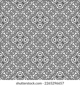  Monochrome Ziertextur mit glatten linearen Formen, Zickzacklinien, Spitzen-Muster.Abstraktes geometrisches Schwarz-Weiß Muster für Webseiten, Texturen, Karten, Poster, Gewebe, Textilien.