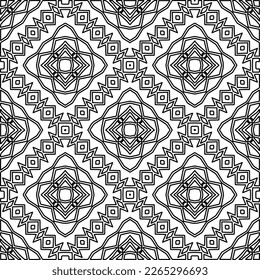  Monochrome Ziertextur mit glatten linearen Formen, Zickzacklinien, Spitzen-Muster.Abstraktes geometrisches Schwarz-Weiß Muster für Webseiten, Texturen, Karten, Poster, Gewebe, Textilien.