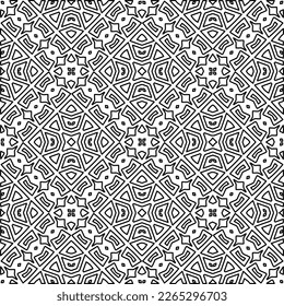  Monochrome ornamental texture with smooth linear shapes, zigzag lines, lace pattern.Abstract geometric black and white pattern for web page, textures, card, poster, fabric, textile.