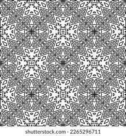  Monochrome ornamental texture with smooth linear shapes, zigzag lines, lace pattern.Abstract geometric black and white pattern for web page, textures, card, poster, fabric, textile.