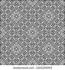 
 Monochrome ornamental texture with smooth linear shapes, zigzag lines, lace pattern.Abstract geometric black and white pattern for web page, textures, card, poster, fabric, textile.