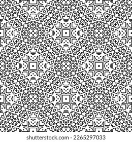  Monochrome ornamental texture with smooth linear shapes, zigzag lines, lace pattern.Abstract geometric black and white pattern for web page, textures, card, poster, fabric, textile.