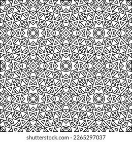  Monochrome ornamental texture with smooth linear shapes, zigzag lines, lace pattern.Abstract geometric black and white pattern for web page, textures, card, poster, fabric, textile.