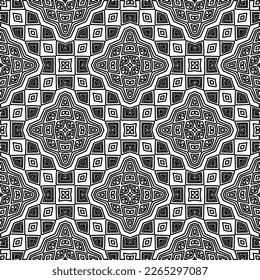  Monochrome ornamental texture with smooth linear shapes, zigzag lines, lace pattern.Abstract geometric black and white pattern for web page, textures, card, poster, fabric, textile.