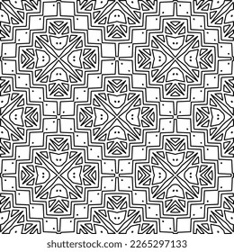 
 Textura ornamental monocroma con formas lineales lisas, líneas de zigzag, patrón de encaje.Resumen de patrón geométrico en blanco y negro para página web, texturas, tarjeta, afiche, tela, textil.