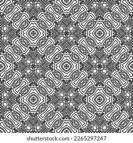  Monochrome ornamental texture with smooth linear shapes, zigzag lines, lace pattern.Abstract geometric black and white pattern for web page, textures, card, poster, fabric, textile.
