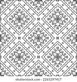  Monochrome ornamental texture with smooth linear shapes, zigzag lines, lace pattern.Abstract geometric black and white pattern for web page, textures, card, poster, fabric, textile.