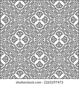 Monochrome ornamental texture with smooth linear shapes, zigzag lines, lace pattern.Abstract geometric black and white pattern for web page, textures, card, poster, fabric, textile.