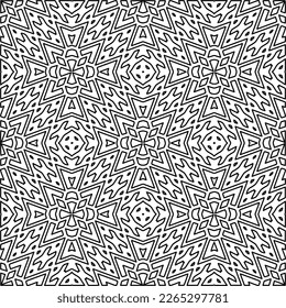 
 Monochrome ornamental texture with smooth linear shapes, zigzag lines, lace pattern.Abstract geometric black and white pattern for web page, textures, card, poster, fabric, textile.