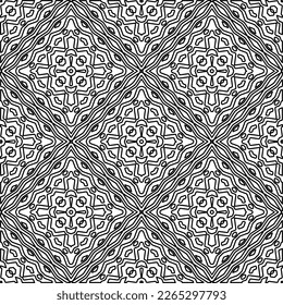  Monochrome ornamental texture with smooth linear shapes, zigzag lines, lace pattern.Abstract geometric black and white pattern for web page, textures, card, poster, fabric, textile.