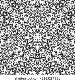  Monochrome ornamental texture with smooth linear shapes, zigzag lines, lace pattern.Abstract geometric black and white pattern for web page, textures, card, poster, fabric, textile.