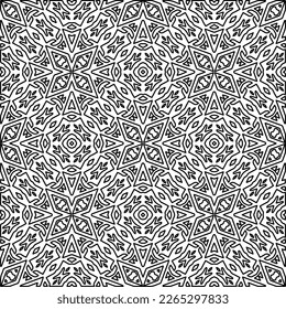 
 Monochrome ornamental texture with smooth linear shapes, zigzag lines, lace pattern.Abstract geometric black and white pattern for web page, textures, card, poster, fabric, textile.