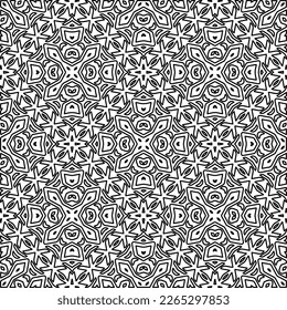  Monochrome Ziertextur mit glatten linearen Formen, Zickzacklinien, Spitzen-Muster.Abstraktes geometrisches Schwarz-Weiß Muster für Webseiten, Texturen, Karten, Poster, Gewebe, Textilien.