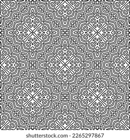  Monochrome ornamental texture with smooth linear shapes, zigzag lines, lace pattern.Abstract geometric black and white pattern for web page, textures, card, poster, fabric, textile.