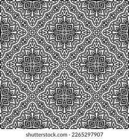  Monochrome ornamental texture with smooth linear shapes, zigzag lines, lace pattern.Abstract geometric black and white pattern for web page, textures, card, poster, fabric, textile.