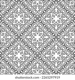  Monochrome ornamental texture with smooth linear shapes, zigzag lines, lace pattern.Abstract geometric black and white pattern for web page, textures, card, poster, fabric, textile.