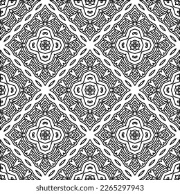  Monochrome ornamental texture with smooth linear shapes, zigzag lines, lace pattern.Abstract geometric black and white pattern for web page, textures, card, poster, fabric, textile.