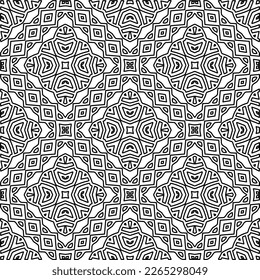  Monochrome ornamental texture with smooth linear shapes, zigzag lines, lace pattern.Abstract geometric black and white pattern for web page, textures, card, poster, fabric, textile.