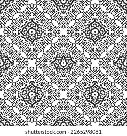  Monochrome ornamental texture with smooth linear shapes, zigzag lines, lace pattern.Abstract geometric black and white pattern for web page, textures, card, poster, fabric, textile.