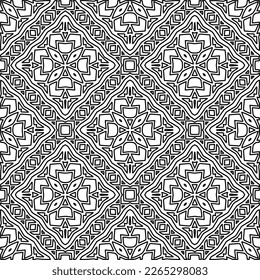  Monochrome ornamental texture with smooth linear shapes, zigzag lines, lace pattern.Abstract geometric black and white pattern for web page, textures, card, poster, fabric, textile.