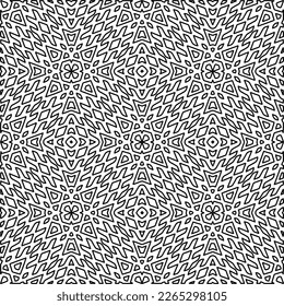 
 Monochrome ornamental texture with smooth linear shapes, zigzag lines, lace pattern.Abstract geometric black and white pattern for web page, textures, card, poster, fabric, textile.
