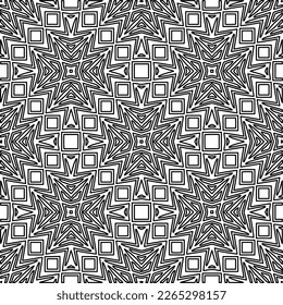  Monochrome Ziertextur mit glatten linearen Formen, Zickzacklinien, Spitzen-Muster.Abstraktes geometrisches Schwarz-Weiß Muster für Webseiten, Texturen, Karten, Poster, Gewebe, Textilien.