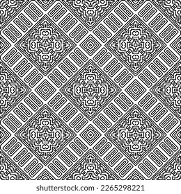 Monochrome Ziertextur mit glatten linearen Formen, Zickzacklinien, Spitzen-Muster.Abstraktes geometrisches Schwarz-Weiß Muster für Webseiten, Texturen, Karten, Poster, Gewebe, Textilien.