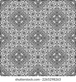  Monochrome Ziertextur mit glatten linearen Formen, Zickzacklinien, Spitzen-Muster.Abstraktes geometrisches Schwarz-Weiß Muster für Webseiten, Texturen, Karten, Poster, Gewebe, Textilien.