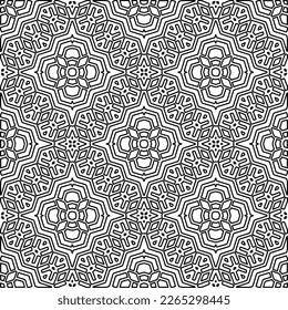 
 Monochrome ornamental texture with smooth linear shapes, zigzag lines, lace pattern.Abstract geometric black and white pattern for web page, textures, card, poster, fabric, textile.