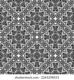  Monochrome ornamental texture with smooth linear shapes, zigzag lines, lace pattern.Abstract geometric black and white pattern for web page, textures, card, poster, fabric, textile.