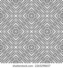  Monochrome Ziertextur mit glatten linearen Formen, Zickzacklinien, Spitzen-Muster.Abstraktes geometrisches Schwarz-Weiß Muster für Webseiten, Texturen, Karten, Poster, Gewebe, Textilien.