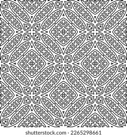  Monochrome ornamental texture with smooth linear shapes, zigzag lines, lace pattern.Abstract geometric black and white pattern for web page, textures, card, poster, fabric, textile.