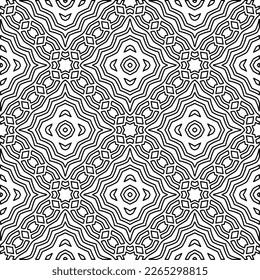  Monochrome Ziertextur mit glatten linearen Formen, Zickzacklinien, Spitzen-Muster.Abstraktes geometrisches Schwarz-Weiß Muster für Webseiten, Texturen, Karten, Poster, Gewebe, Textilien.
