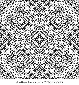  Monochrome ornamental texture with smooth linear shapes, zigzag lines, lace pattern.Abstract geometric black and white pattern for web page, textures, card, poster, fabric, textile.