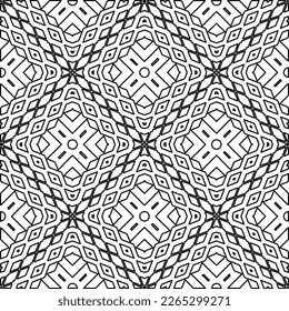  Monochrome ornamental texture with smooth linear shapes, zigzag lines, lace pattern.Abstract geometric black and white pattern for web page, textures, card, poster, fabric, textile.