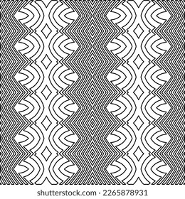  Monochrome ornamental texture with smooth linear shapes, zigzag lines, lace pattern.Abstract geometric black and white pattern for web page, textures, card, poster, fabric, textile.