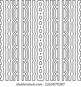  Monochrome Ziertextur mit glatten linearen Formen, Zickzacklinien, Spitzen-Muster.Abstraktes geometrisches Schwarz-Weiß Muster für Webseiten, Texturen, Karten, Poster, Gewebe, Textilien.