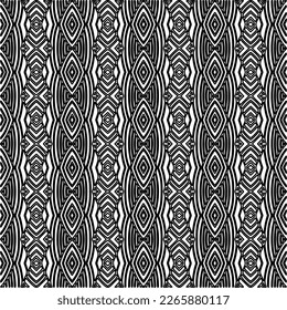 
 Monochrome Ziertextur mit glatten linearen Formen, Zickzacklinien, Spitzen-Muster.Abstraktes geometrisches Schwarz-Weiß Muster für Webseiten, Texturen, Karten, Poster, Gewebe, Textilien.