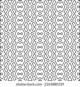  Monochrome Ziertextur mit glatten linearen Formen, Zickzacklinien, Spitzen-Muster.Abstraktes geometrisches Schwarz-Weiß Muster für Webseiten, Texturen, Karten, Poster, Gewebe, Textilien.