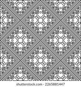 
 Textura ornamental monocroma con formas lineales lisas, líneas de zigzag, patrón de encaje.Resumen de patrón geométrico en blanco y negro para página web, texturas, tarjeta, afiche, tela, textil.