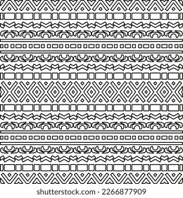  Monochrome Ziertextur mit glatten linearen Formen, Zickzacklinien, Spitzen-Muster.Abstraktes geometrisches Schwarz-Weiß Muster für Webseiten, Texturen, Karten, Poster, Gewebe, Textilien.
