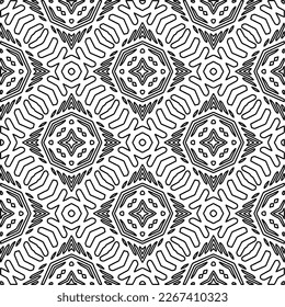  Monochrome ornamental texture with smooth linear shapes, zigzag lines, lace pattern.Abstract geometric black and white pattern for web page, textures, card, poster, fabric, textile.