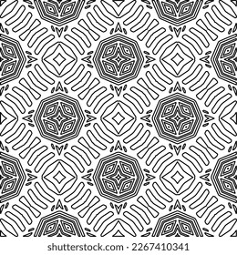  Monochrome ornamental texture with smooth linear shapes, zigzag lines, lace pattern.Abstract geometric black and white pattern for web page, textures, card, poster, fabric, textile.