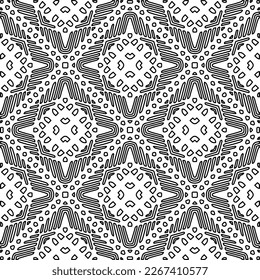  Monochrome ornamental texture with smooth linear shapes, zigzag lines, lace pattern.Abstract geometric black and white pattern for web page, textures, card, poster, fabric, textile.