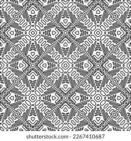  Monochrome ornamental texture with smooth linear shapes, zigzag lines, lace pattern.Abstract geometric black and white pattern for web page, textures, card, poster, fabric, textile.
