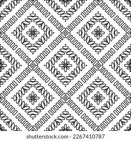  Monochrome Ziertextur mit glatten linearen Formen, Zickzacklinien, Spitzen-Muster.Abstraktes geometrisches Schwarz-Weiß Muster für Webseiten, Texturen, Karten, Poster, Gewebe, Textilien.
