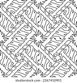  Monochrome Ziertextur mit glatten linearen Formen, Zickzacklinien, Spitzen-Muster.Abstraktes geometrisches Schwarz-Weiß Muster für Webseiten, Texturen, Karten, Poster, Gewebe, Textilien.