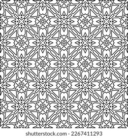  Monochrome ornamental texture with smooth linear shapes, zigzag lines, lace pattern.Abstract geometric black and white pattern for web page, textures, card, poster, fabric, textile.