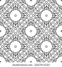  Monochrome ornamental texture with smooth linear shapes, zigzag lines, lace pattern.Abstract geometric black and white pattern for web page, textures, card, poster, fabric, textile.