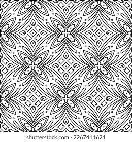  Monochrome ornamental texture with smooth linear shapes, zigzag lines, lace pattern.Abstract geometric black and white pattern for web page, textures, card, poster, fabric, textile.